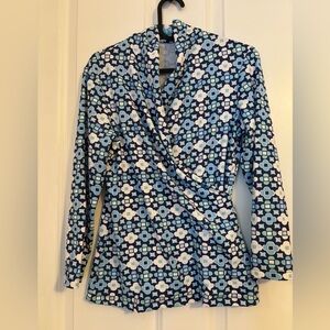 J. McLaughlin Blue and White Floral Wrap Top.  Size XS. Nylon/Spandex